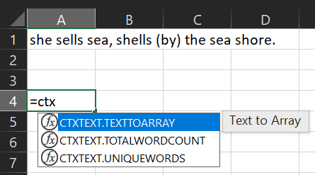 text and a list of functions in Excel